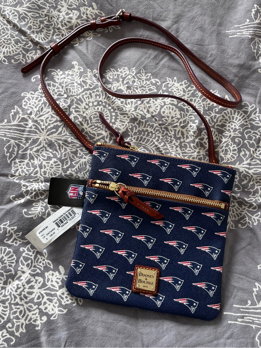 Dooney & Bourke Navy Patriots Logo Crossbody with Brown Strap NWT